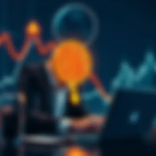 A graph showing the decline of Bitcoin prices with downward arrows and a concerned investor looking at a laptop.