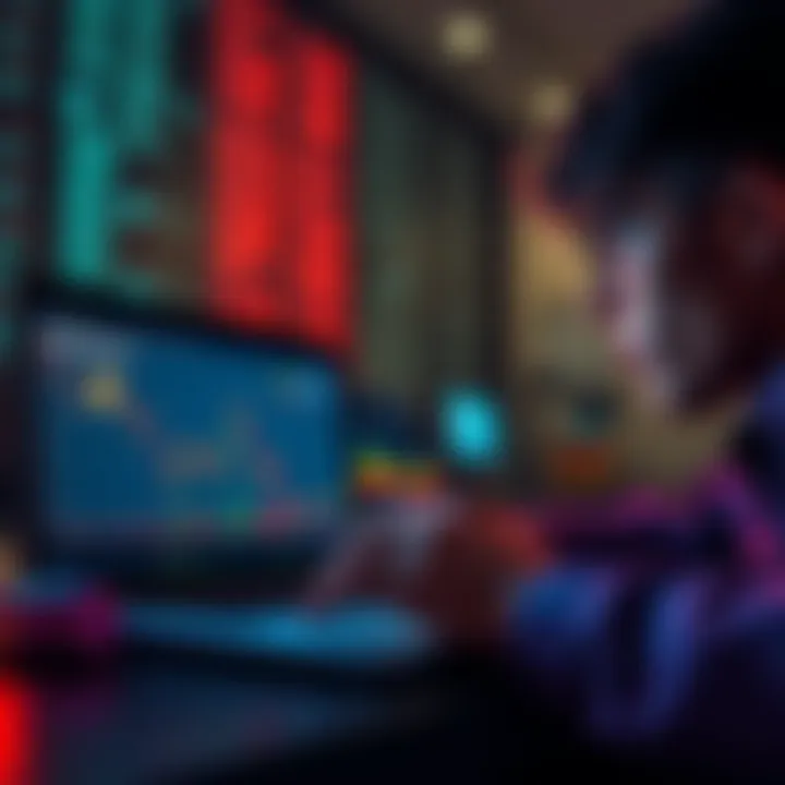 A person looking at a fluctuating Bitcoin graph on a laptop with a concerned expression.