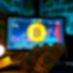 A computer screen displaying Bitcoin charts and dollar bills, symbolizing wealth in cryptocurrency.