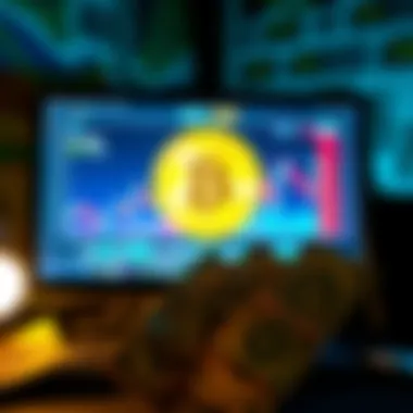 A computer screen displaying Bitcoin charts and dollar bills, symbolizing wealth in cryptocurrency.