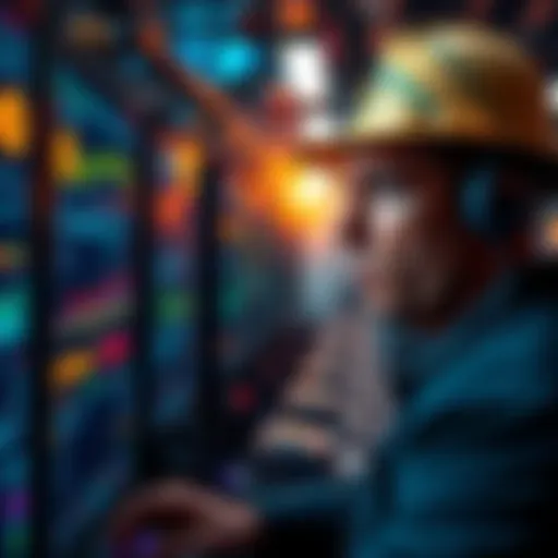 A miner looks at computer screens showing Bitcoin statistics with a concerned expression while machines operate in the background.
