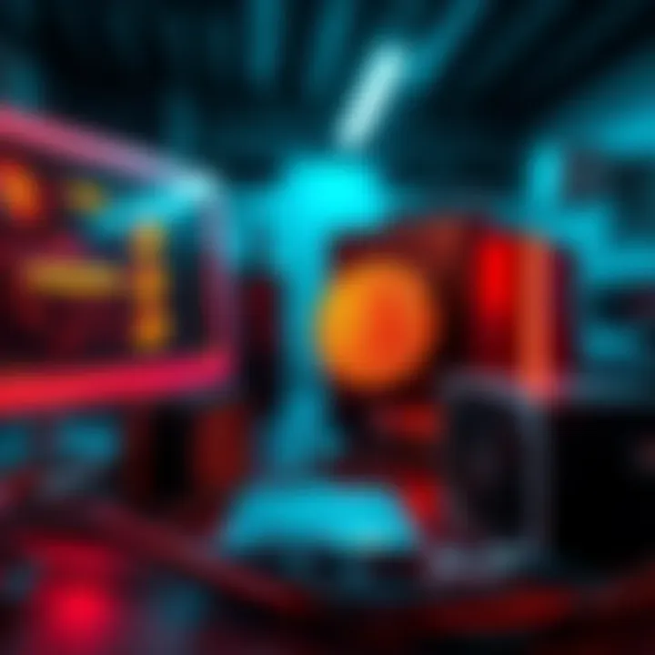 A simple setup showing various bitcoin mining devices like ASIC miners, a computer, and power supply with cables.