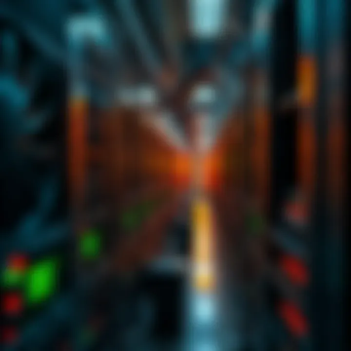 A close-up view of Bitcoin mining rigs in operation, highlighting the cooling fans and lights on the machines, showing a bustling mining operation.