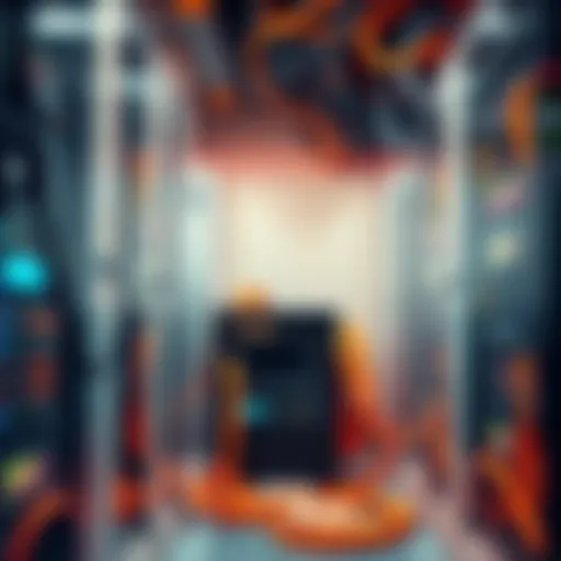 A small bitcoin mining farm with several mining rigs and cables in a limited space.