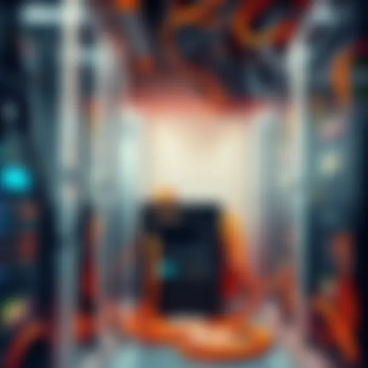 A small bitcoin mining farm with several mining rigs and cables in a limited space.