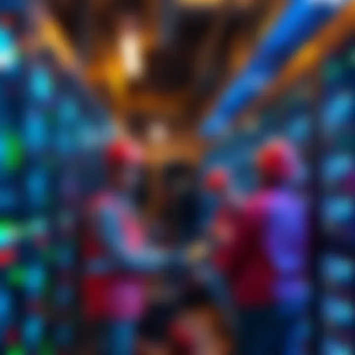 Workers setting up Bitcoin mining equipment in a tech-driven community center, showcasing job opportunities and innovation.