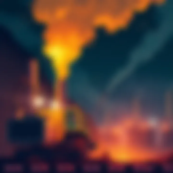 Bitcoin Mining Impact Illustration showing the environmental effects of Bitcoin mining with heavy machinery and smoke rising from a mining facility.