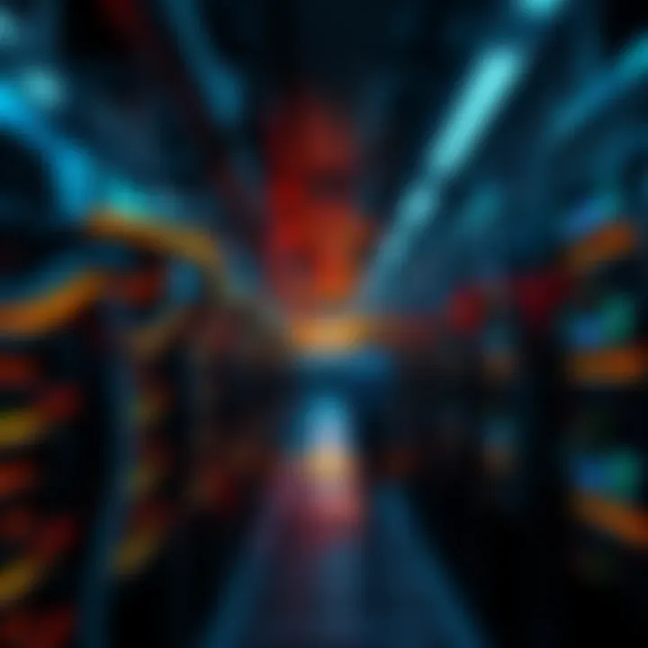 A modern Bitcoin mining facility with rows of mining rigs and cooling systems in action