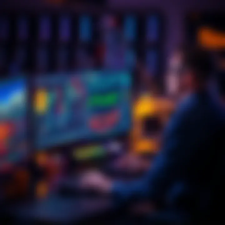 A person sitting at a computer, monitoring Bitcoin mining software with graphics of coins and data charts on the screen.