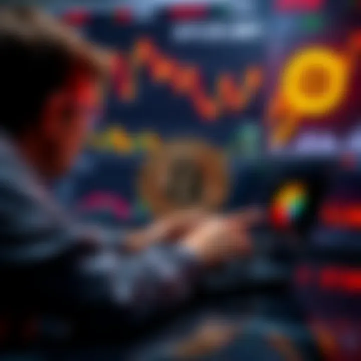 A person researching Bitcoin news on a laptop, surrounded by charts and graphs reflecting market trends.