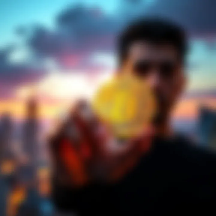 A person holding a physical Bitcoin in one hand, symbolizing ownership and control over personal wealth, with a city skyline in the background.