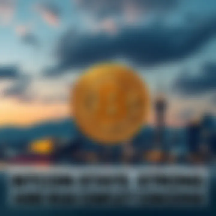 A golden Bitcoin symbol in front of a calm skyline, representing stability amid global tensions
