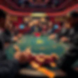 A digital poker table displaying Bitcoin icons and poker chips with players engaged in a game