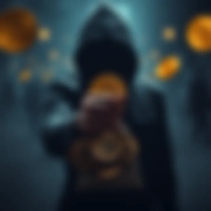 A graphic showing Bitcoin coins with a shadowy figure holding a bag of money, symbolizing crime and deception in cryptocurrency.