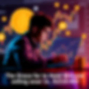 A person looking at their laptop with a graph showing Bitcoin value rising, surrounded by charts and currency symbols, contemplating their options to sell or hold their investment.