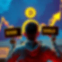 A person looking at a Bitcoin chart with two arrows pointing to $250k and $500k, holding two signs saying 'Sell' and 'Hold'.