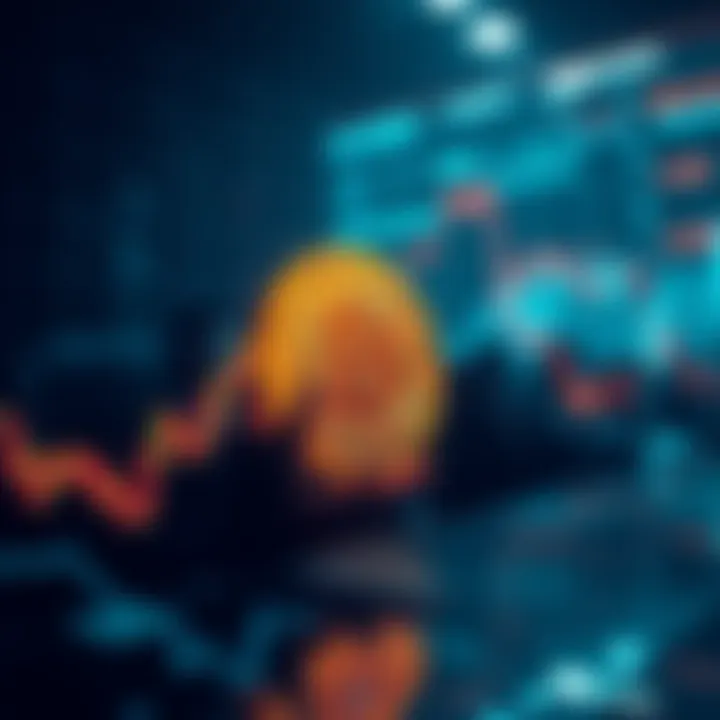 A graph showing a downward trend in Bitcoin prices with worried investors looking on.