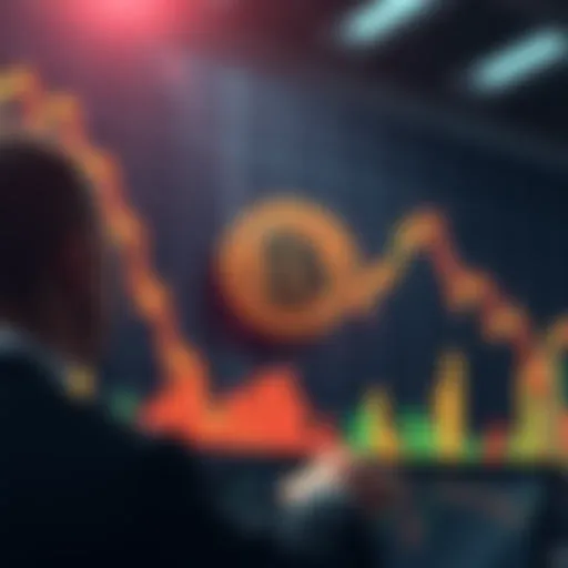 Chart showing a downward trend in Bitcoin price with worried investors in the background