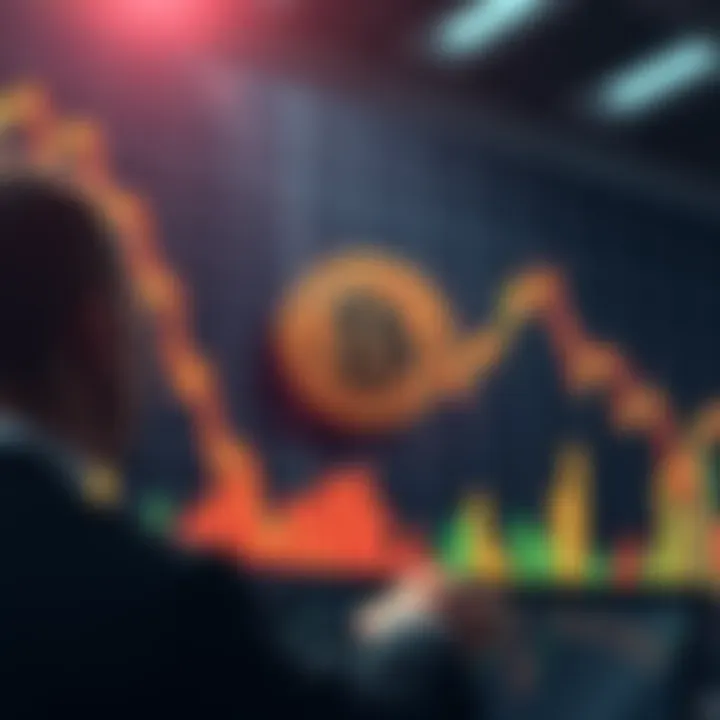 Chart showing a downward trend in Bitcoin price with worried investors in the background