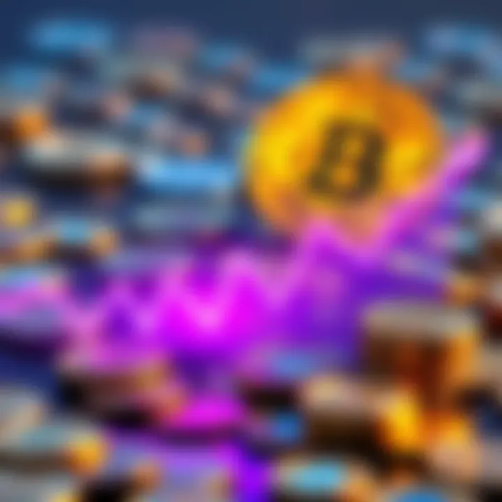 A graph showing a downward trend in Bitcoin prices with coins in the background