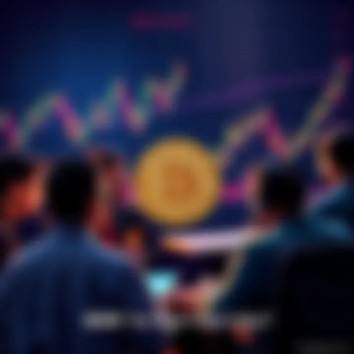 Group of people discussing Bitcoin price with charts and graphs in the background