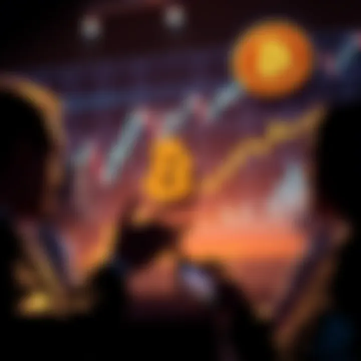 People discussing Bitcoin's value with charts and graphs in the background