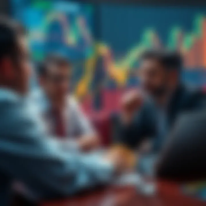 Investors discussing Bitcoin price trends and market sentiment, with graphs and charts in the background
