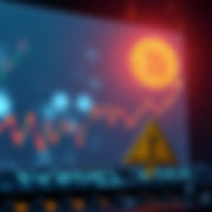 A graph showing a downward trend in Bitcoin prices with a warning sign next to it