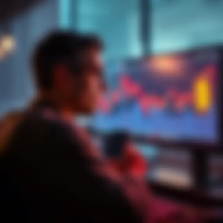 A person looking worriedly at a computer screen showing Bitcoin's price chart in decline
