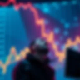 Bitcoin price drop A downward trend graph representing Bitcoin prices falling, with a worried trader looking at it.