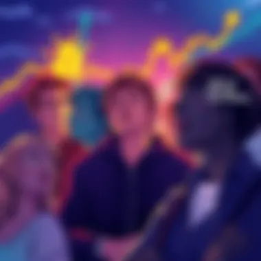Bitcoin Price Fluctuation Illustration showing emotional reactions of people watching Bitcoin's price changes, with ups and downs represented graphically.