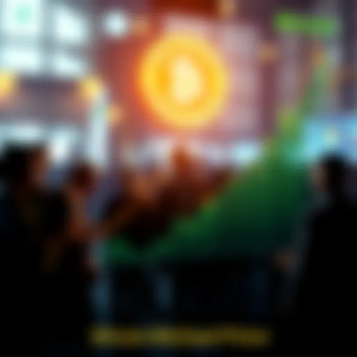 A graph showing rising Bitcoin prices with people discussing in the background