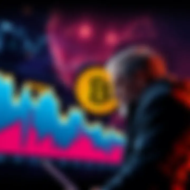 A chart showing Bitcoin's predicted drop to $10,000 with a downward trend line and a worried investor looking at it.