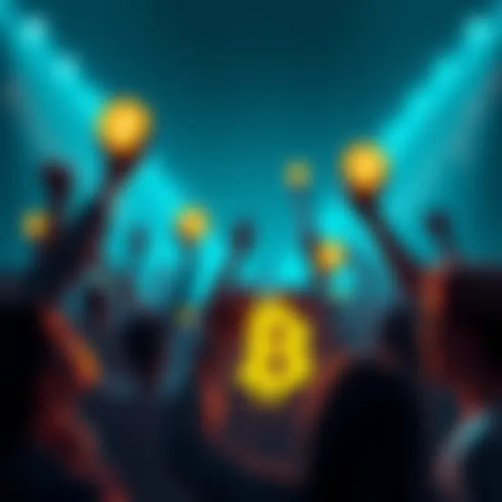 Bitcoin price surge celebration A group of people celebrating together with Bitcoin symbols as the cryptocurrency rises in value.