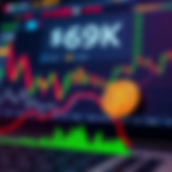 A graphic representation showing Bitcoin's price climbing above 69,000 with a background of financial charts and trends.