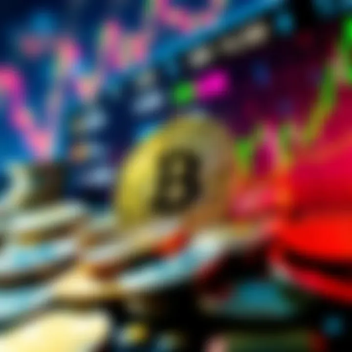 A graphic showing a rising Bitcoin price chart with coins in the background.