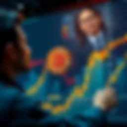 A graphic showing a rising Bitcoin chart with a hopeful trader looking at it
