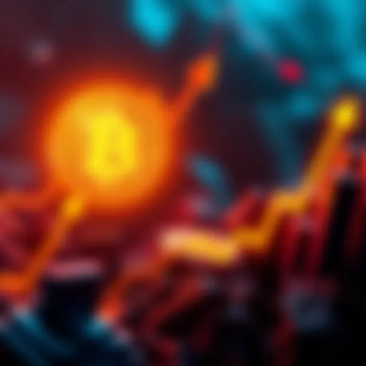 A graphic showing Bitcoin's price skyrocketing, with upward arrows and a glowing Bitcoin symbol.