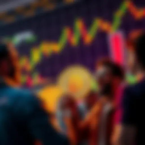 A group of people excitedly discussing Bitcoin's price rise, with charts showing upward trends in the background.