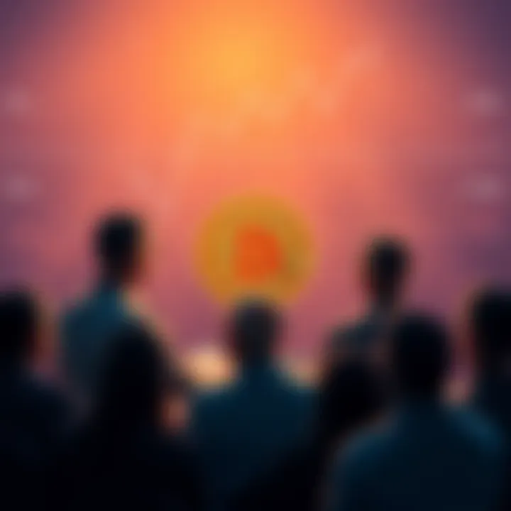 A group of people discussing Bitcoin, with charts and graphs about its advantages and disadvantages in the background.