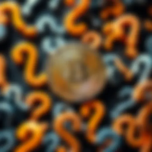 A shiny Bitcoin coin surrounded by various question marks, symbolizing confusion and uncertainty about its value.