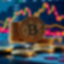 A visual representation of Bitcoin coins stacked with a background of financial charts, symbolizing its role in the economy.