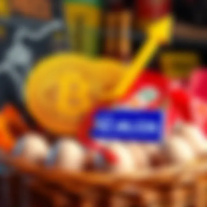 A graphic showing a Bitcoin symbol with an upward arrow, and a price tag indicating $2 million, with a background of increasing inflation represented by a basket of goods including eggs at high prices...
