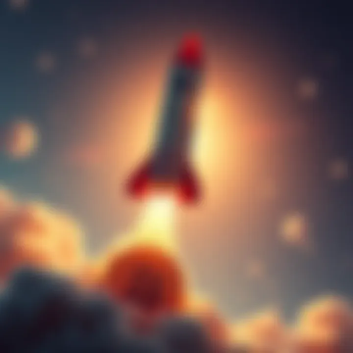 A rocket symbolizing Bitcoin's rise, soaring upwards against a bright sky with dollar signs in the background.