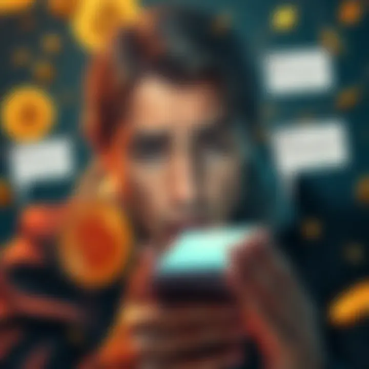 Bitcoin Scam Awareness A worried Bitcoin holder looks at their phone with a shocked expression, surrounded by cryptocurrency coins and scam alert notifications.