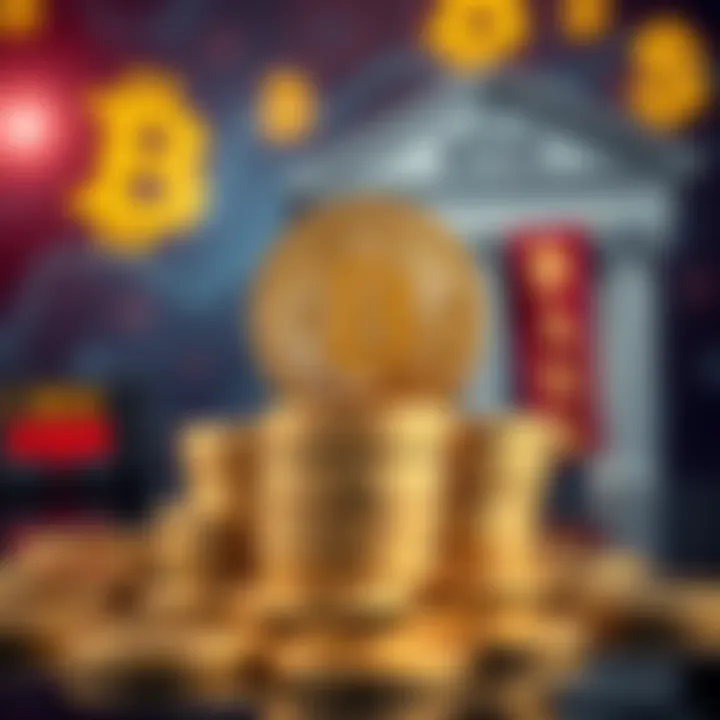 A visual representation of Bitcoin coins stacked with a background showing traditional banking symbols, highlighting the need for decentralized finance.