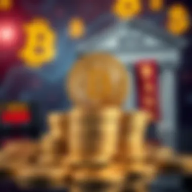 Bitcoin as sound money A visual representation of Bitcoin coins stacked with a background showing traditional banking symbols, highlighting the need for decentralized finance.