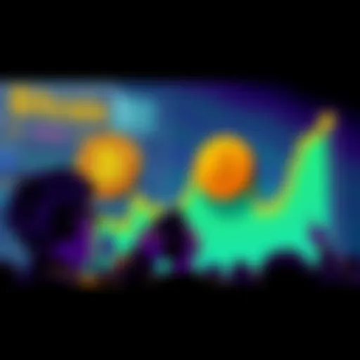 A graphic showing a rising Bitcoin price chart with people looking excited and engaged in trading.