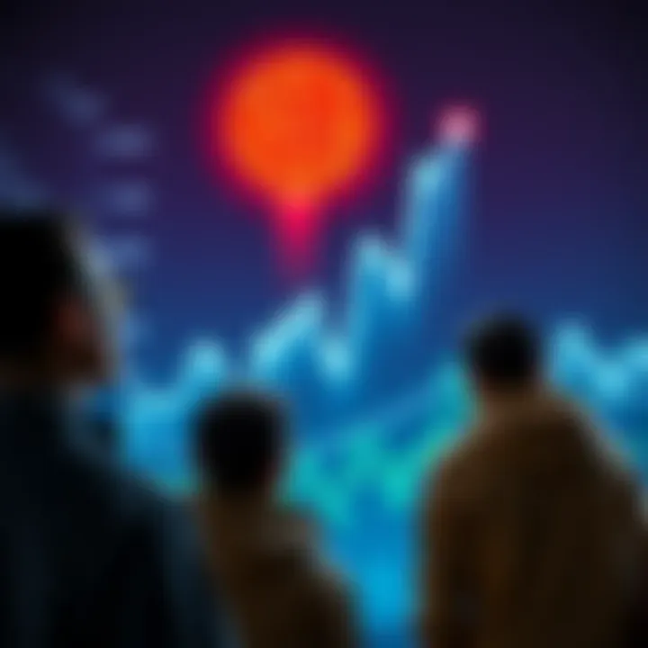 A graphic showing a rising Bitcoin price chart with worried investors looking on, representing those who sold