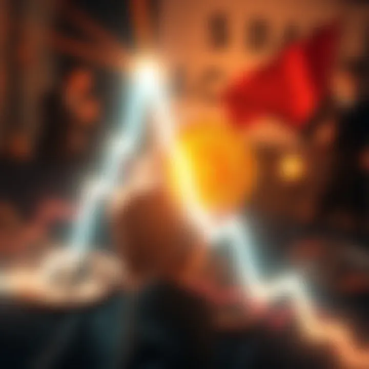 A visual representation of Bitcoin's 10% surge, with an upward trend line and symbols of conflict in the background.